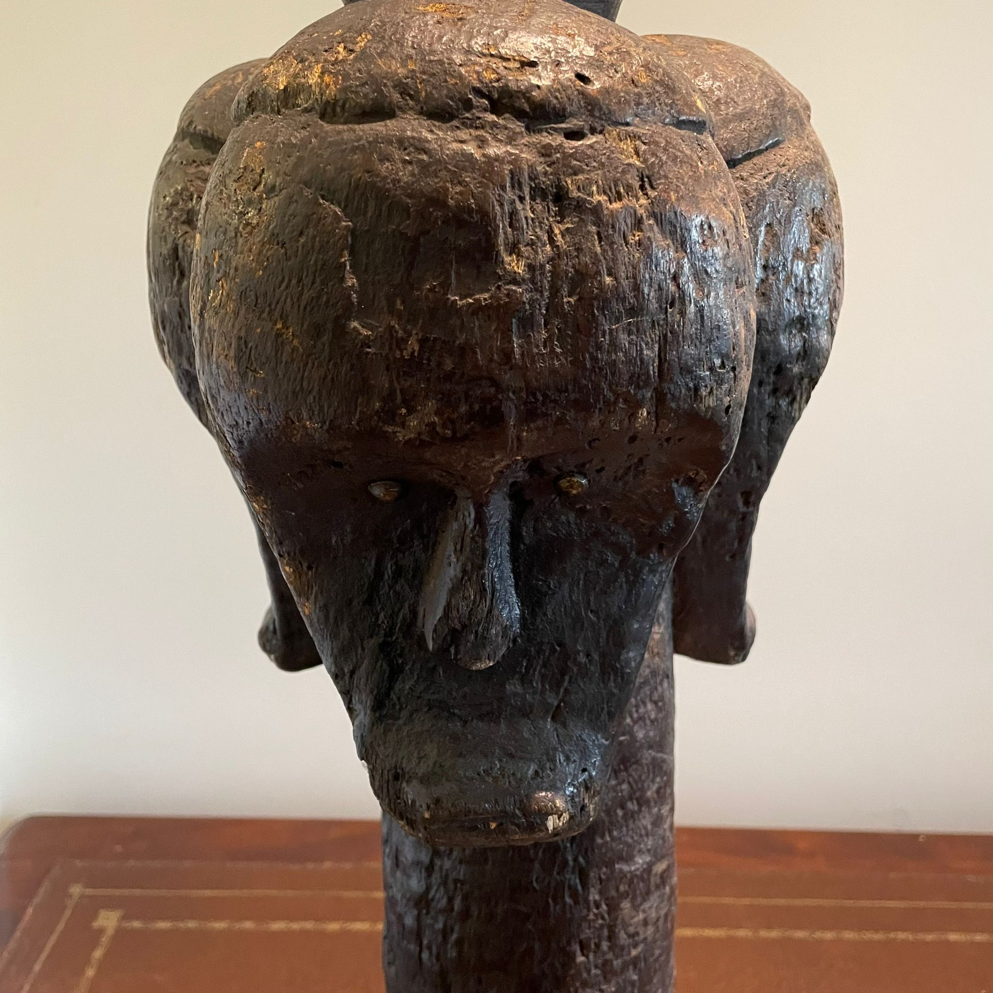 ***AWAY*** A carved African tribal three-headed marker approximately 19cm by 20cm by 62cm tall. - Image 2 of 4