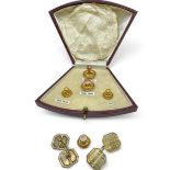 A pair of 9ct gold engine turned pattern cufflinks, along with a cased set of dress studs,