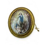 A Victorian yellow metal brooch set with an enamel plaque after the Immaculate Conception by