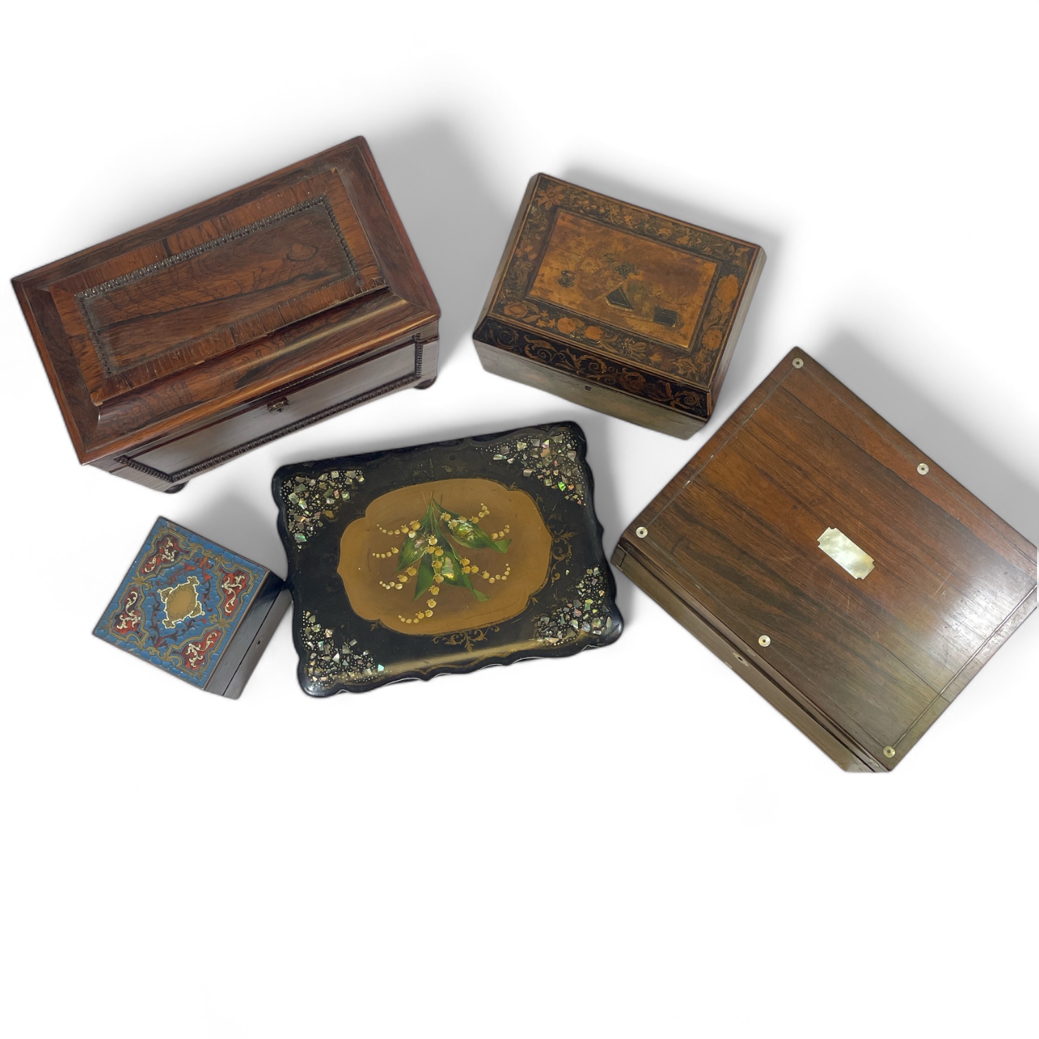 Collection of 5 19th Century Wooden Boxes consisting of -Rosewood Sarcophagus tea caddy, 32.5cm wide - Image 2 of 5