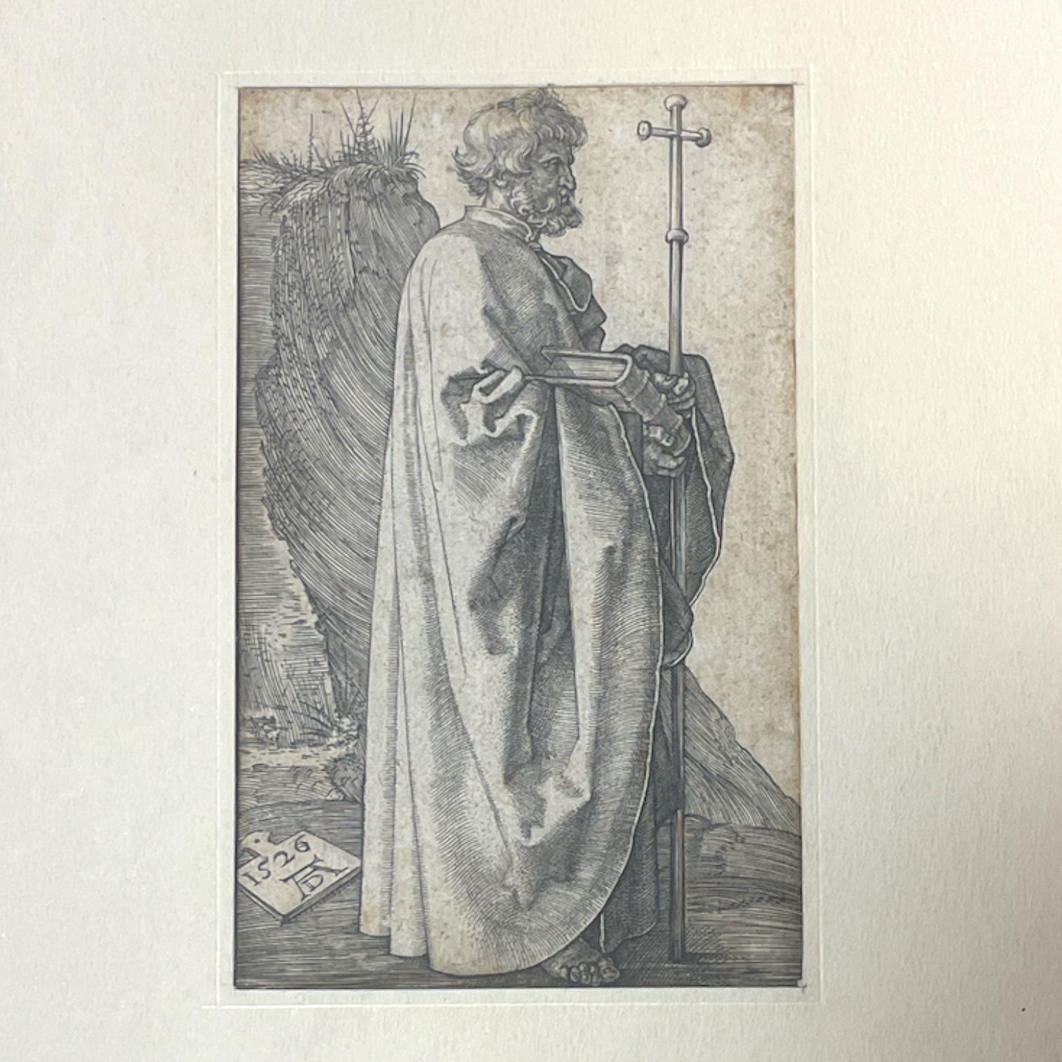 Albrecht Durer, the Apostle St Philip standing on a landscape holding a cross 7.5cm x 12cm  on paper