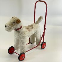 Vintage Nylena Push Along terrier on red frame 'Aka Patch' - some chips to handle.