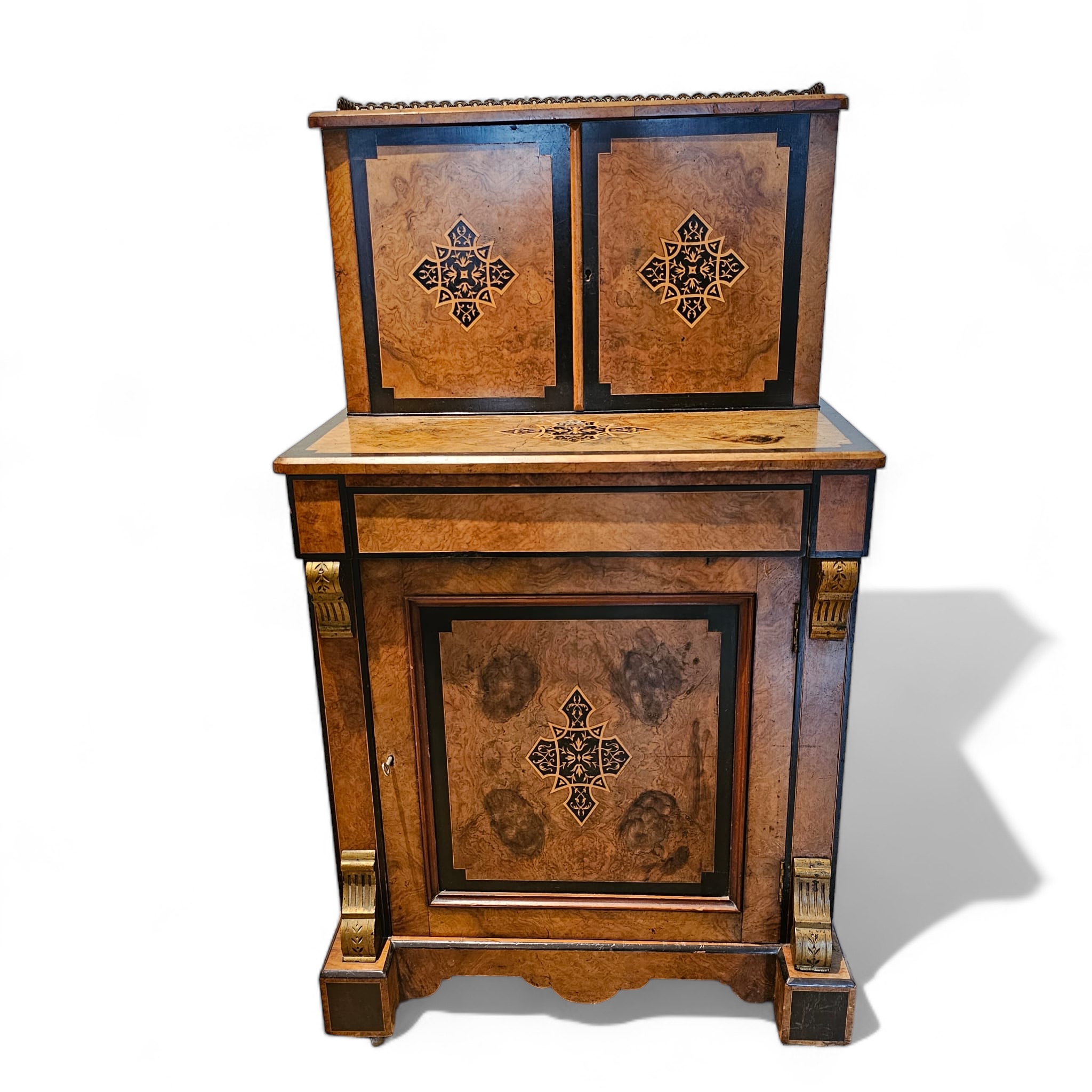 A Victorian Burr Walnut Ebonised Davenport with a fitted Upstand above a writing drawer and cupboard - Image 2 of 4