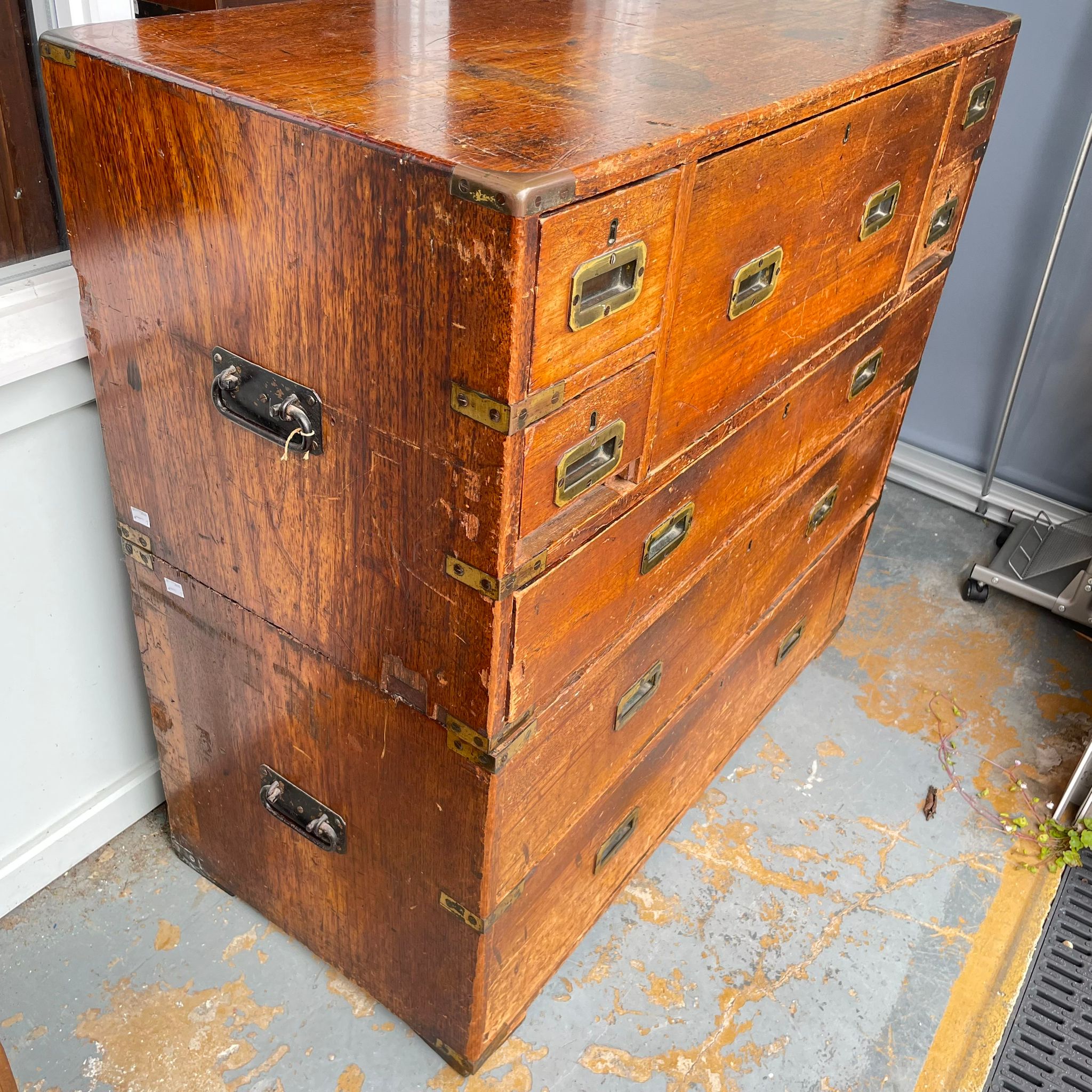 A 19th Century oak two section campaign secretaire chest, with a central secretaire drawer flanked - Image 4 of 9