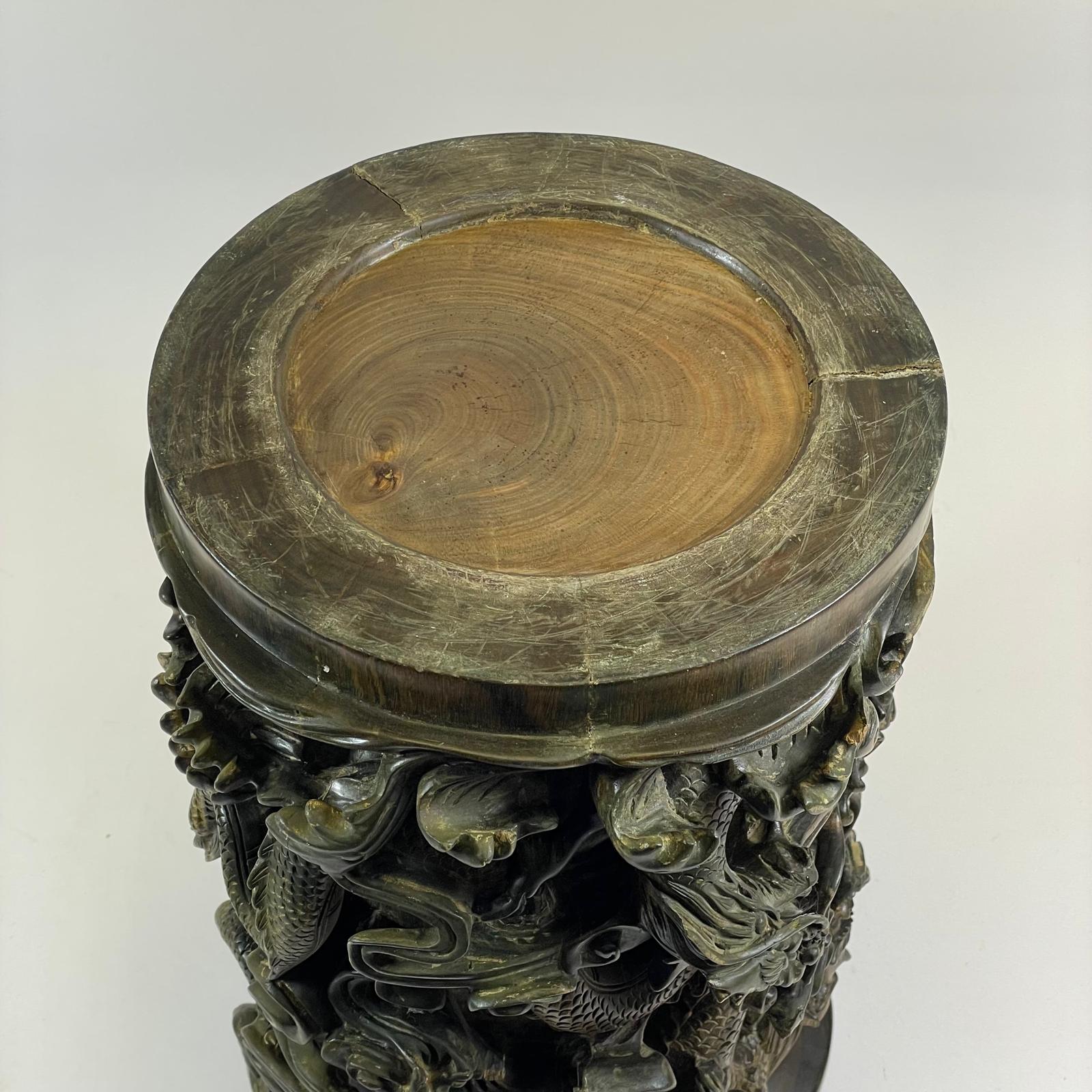 Large Deeply Carved Hardwood Chinese Brush Pot / Vase. Profusely Decorated With Dragons & - Image 8 of 9