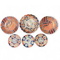 6 x Japanese Imari Pattern bowls and plates, graduating from 34cm to 22cm all generally good.