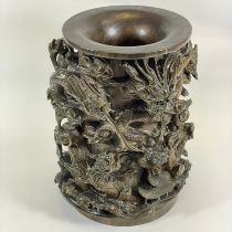Large Deeply Carved Hardwood Chinese Brush Pot / Vase. Profusely Decorated With Dragons &
