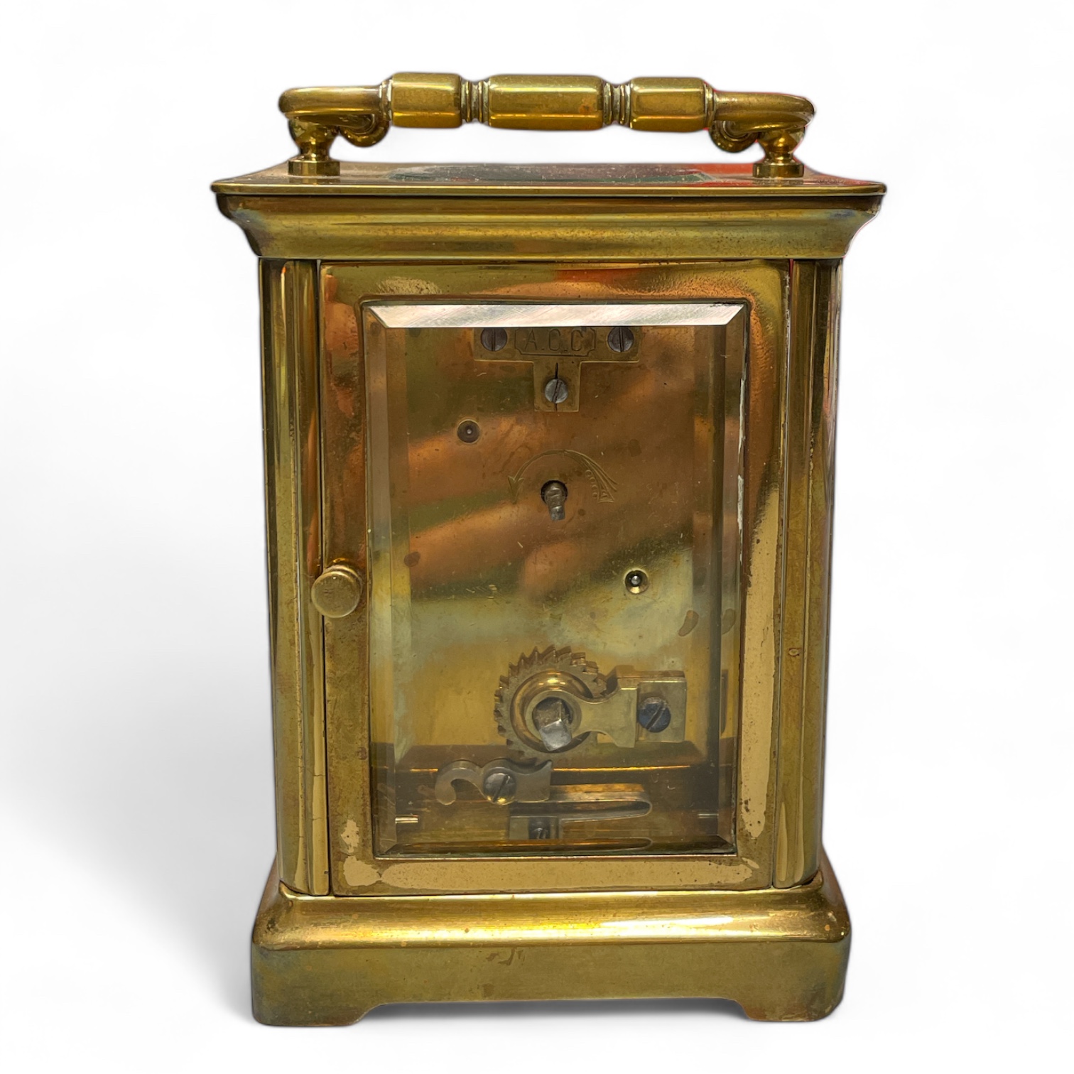 A brass carriage clock, 12cm tall with handle down in an associated leather case, in running order. - Image 2 of 3