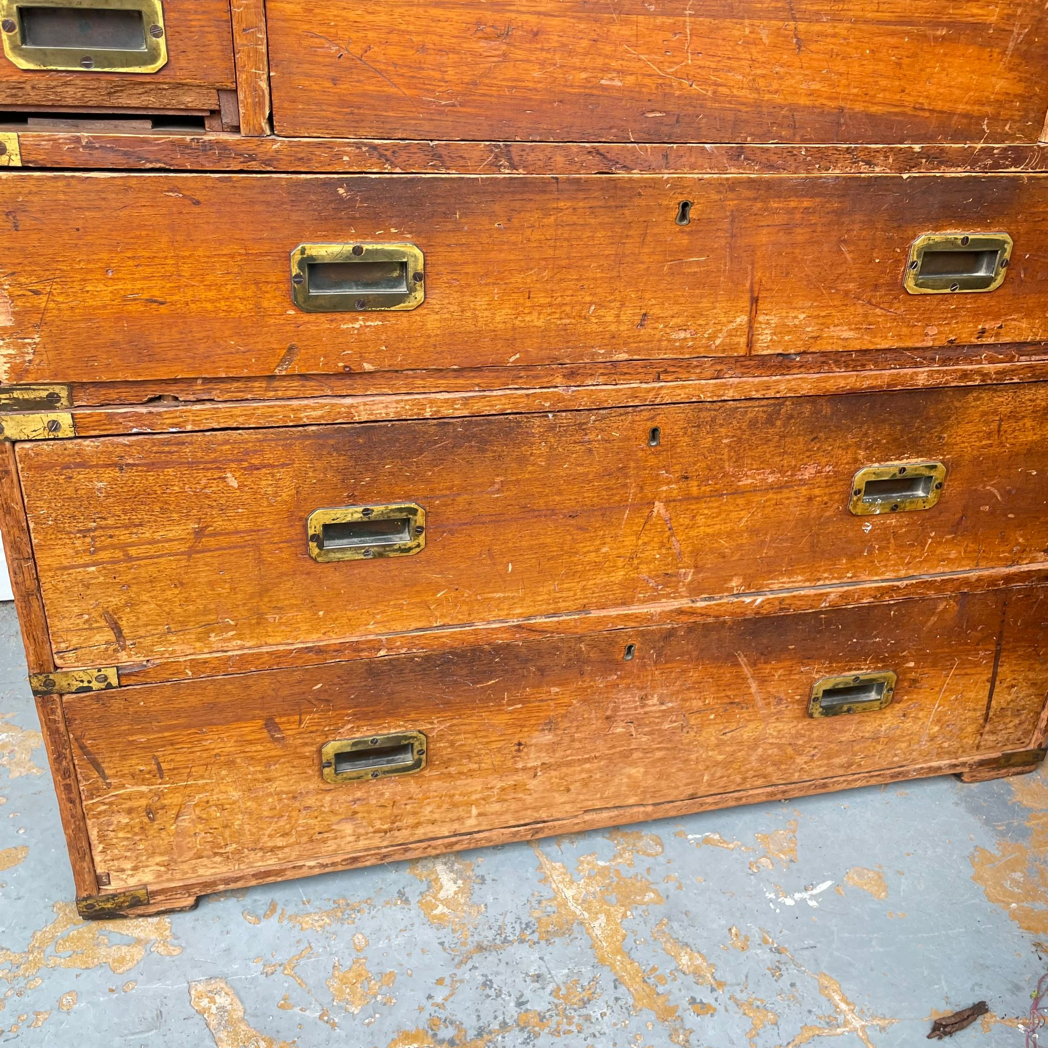 A 19th Century oak two section campaign secretaire chest, with a central secretaire drawer flanked - Image 5 of 9