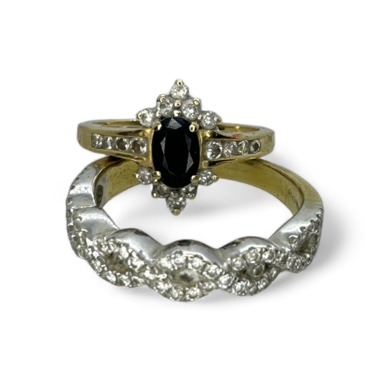 An 18ct gold sapphire and diamond cluster ring along with an 18ct gold diamond weave ring. The