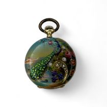 An enamelled ladies 14k gold pocket watch with a scene of a peacock overlooking a bay and floral