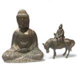 A Spelter figure of a sealed Buddha 19cm x 16cm x 125cm Tall.  Including a two piece bronze