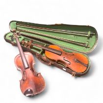 Two violins, one with a 14 inch back the other with a 14 inch single piece back, no labels. Plus
