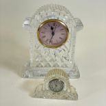 ***AWAY*** Two Waterford Crystal Glass Quartz Mantel Clocks.  19cm & 7cm tall. Both good but not