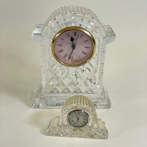 ***AWAY*** Two Waterford Crystal Glass Quartz Mantel Clocks.  19cm & 7cm tall. Both good but not