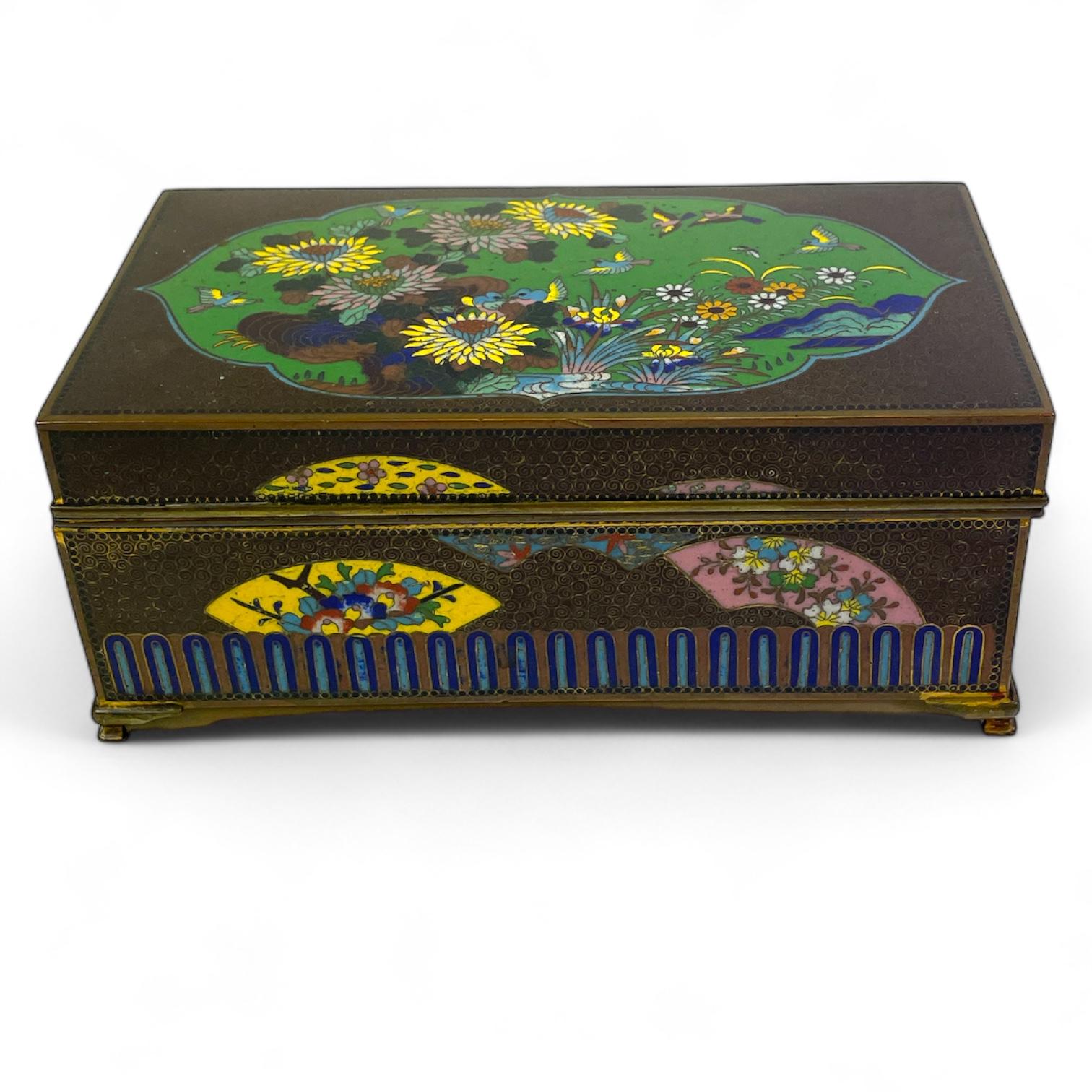 A Japanese Cloisonné enamel decorated desk box 17cm x 9cm x 7cm tall. Inner section is loose but