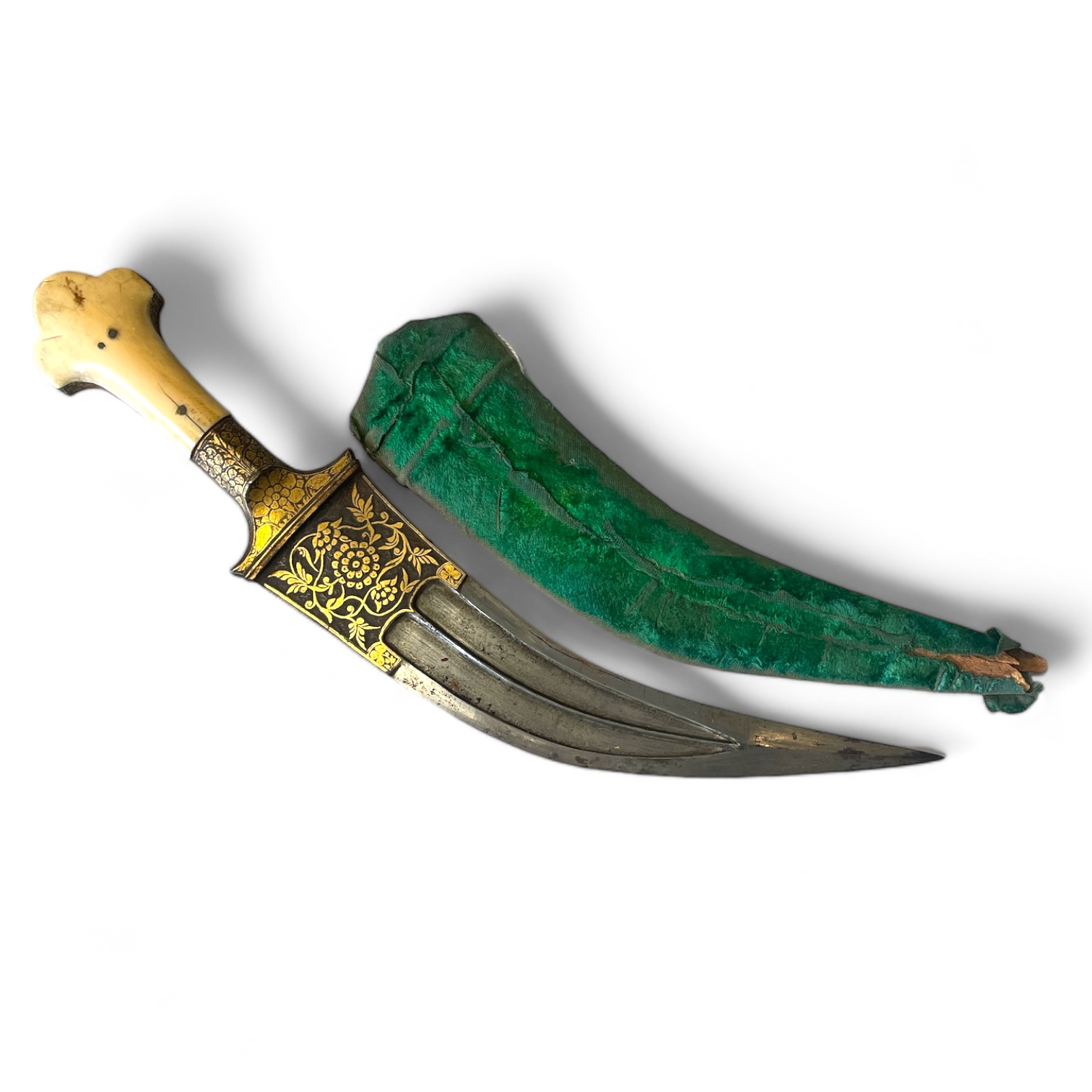 A Persian Khanjar dagger with a fullered curved blade, gilt decorated and part ivory grip. Total - Image 2 of 2