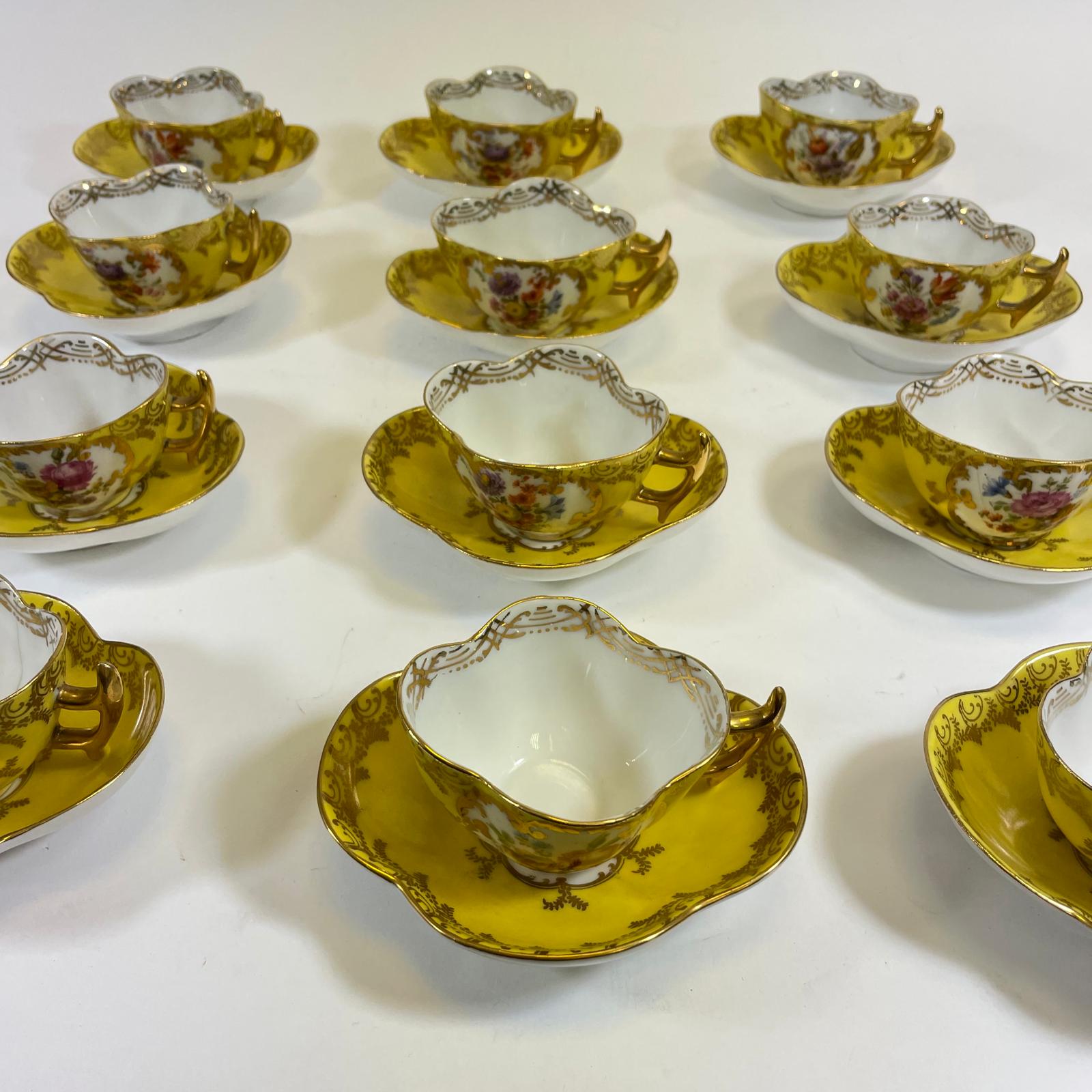 A set of 12 yellow ground floral decorated Vienna Cabinet Cups & Saucers.  All good with some - Image 9 of 9