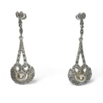 ***AWAY*** A pair of silver marcasite and simulated pearl drop earrings. Featuring screw studs