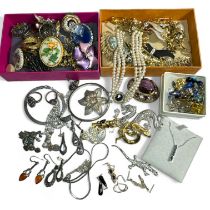 A collection of gold, silver and costume jewellery. To include a pair of hallmarked 9ct gold