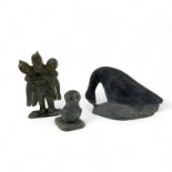 Collection Of 3 Inuit / Eskimo Stone carvings including 2 of birds & a figural group. Each signed
