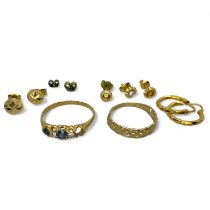 A collection of gold jewellery. To include an 18ct gold sapphire and diamond half hoop ring (missing