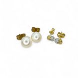 A pair of 18ct yellow and white gold diamond ear studs, along with a pair of 9ct gold mounted