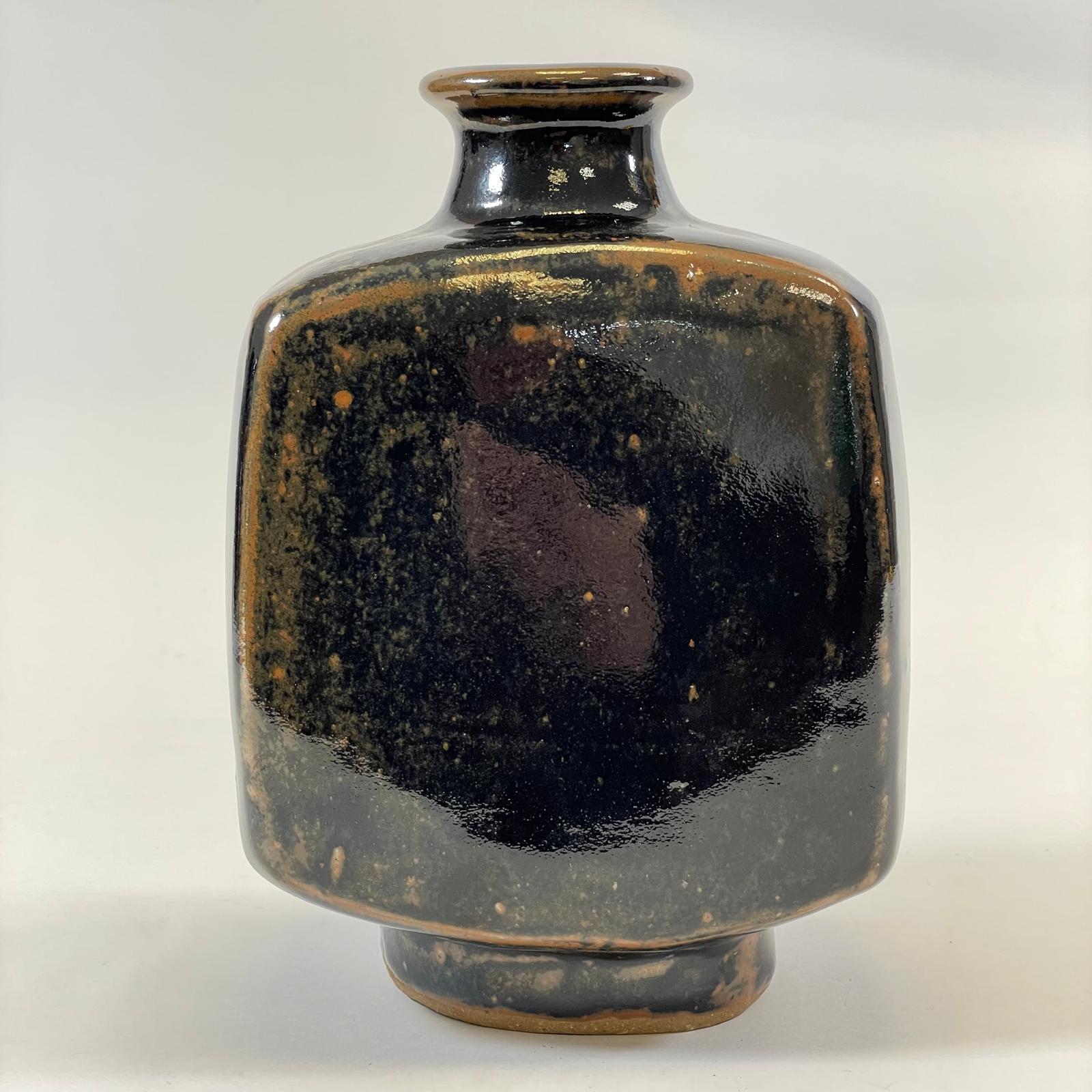 Bernard Leach Stoneware Vase Of Square Form Tenmoku Type Glaze BL & St Ives Marks  Height: 19cm