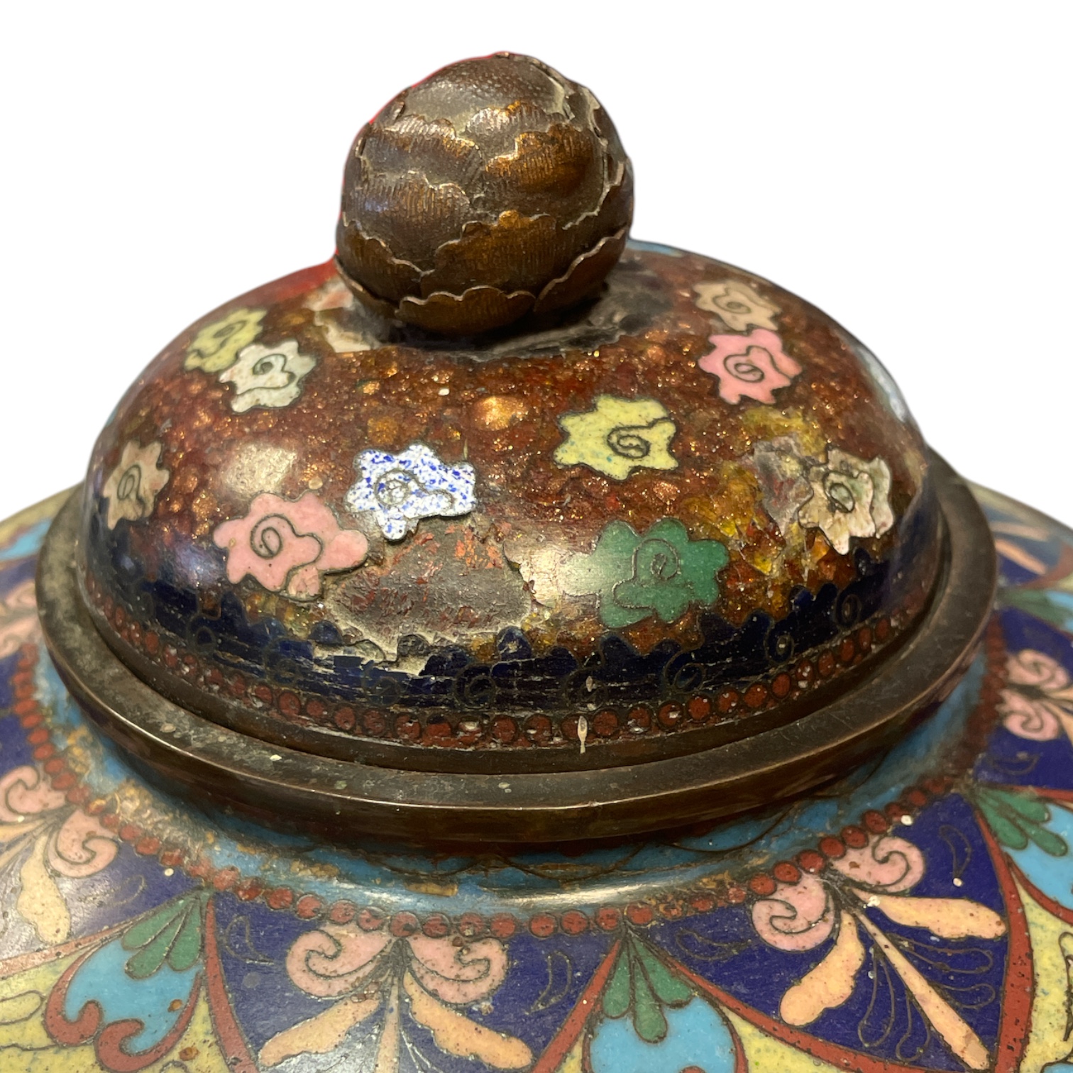 A Pair of Cloisonné enamel lidded dragon jars 17cm diameter x 23cm tall. Some damage mainly to lids - Image 3 of 3