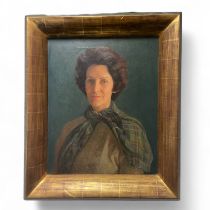 A William Edward Narraway (1915 - 1979) oil on canvas. Portrait of Mrs T Fraser-Merkin with label