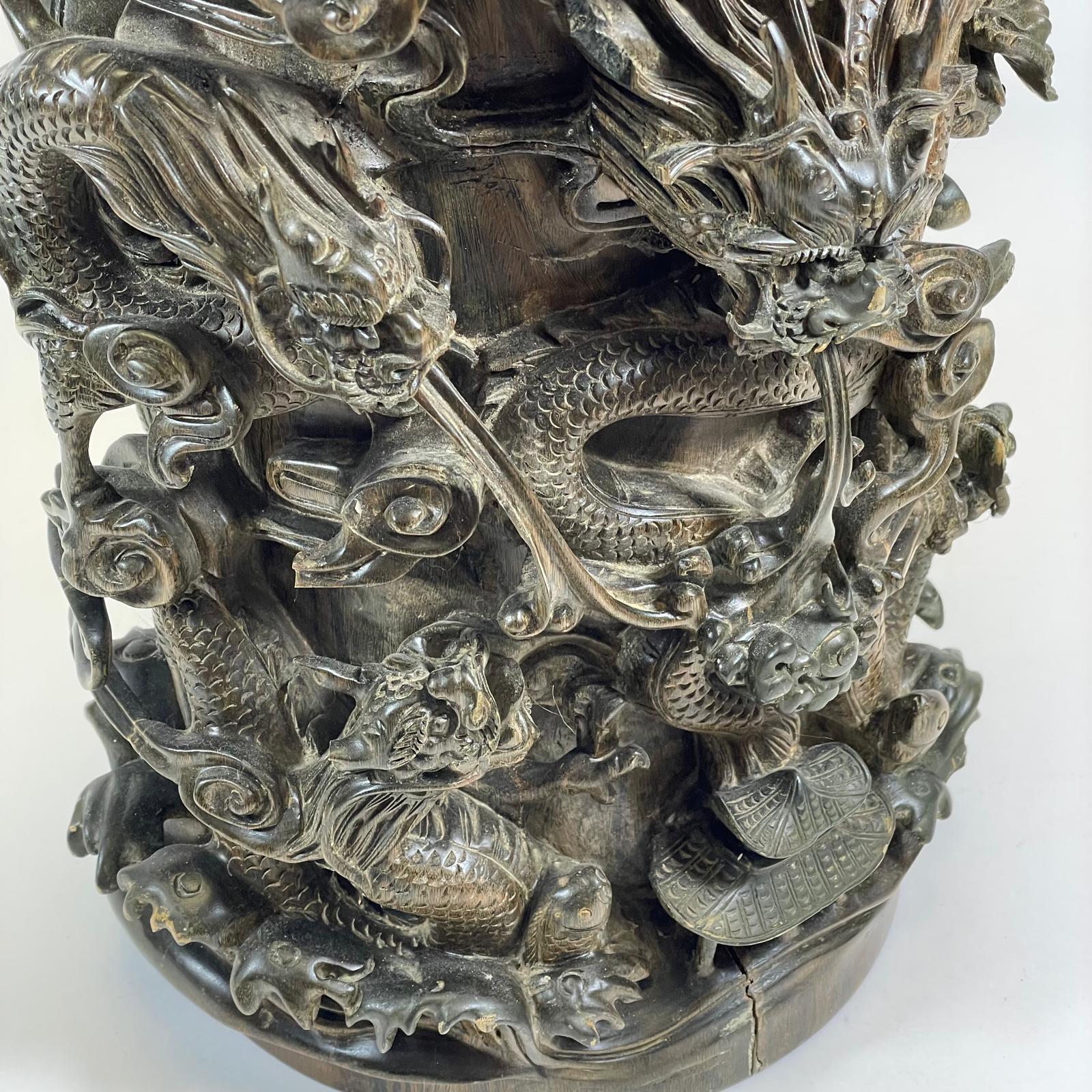 Large Deeply Carved Hardwood Chinese Brush Pot / Vase. Profusely Decorated With Dragons & - Image 7 of 9