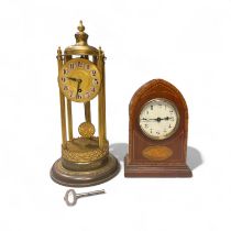 A Brass pillar clock under a glass dome, Approximately 15cm x 37cm And a Mahogany lancet clock