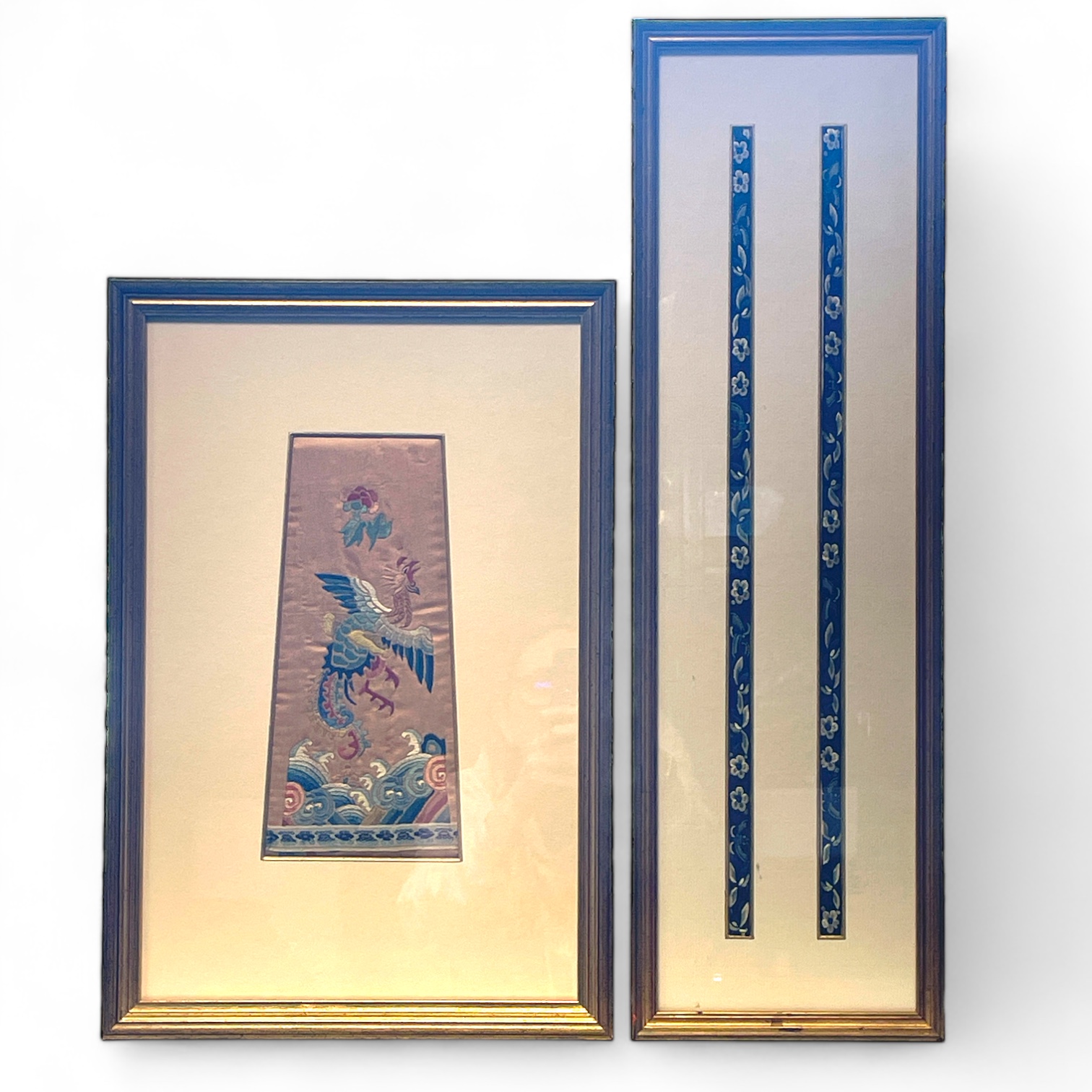 Two framed Han Chinese embroidered 19th Century skirt panels in gilt frames. Frame sizes