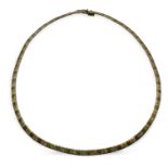A textured 9ct tricolore gold fine collar necklace. With a box clasp and a figure of eight