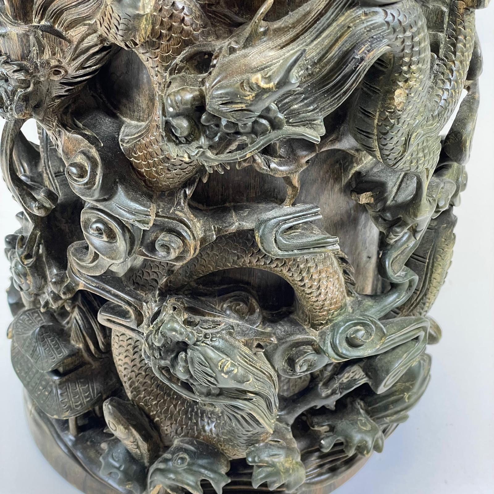 Large Deeply Carved Hardwood Chinese Brush Pot / Vase. Profusely Decorated With Dragons & - Image 5 of 9