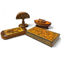 A collection of 4 Treen pieces including a Tunbridge ware paperweight, a Tunbridge ware pin cushion,