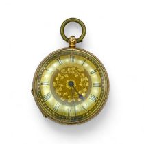 A yellow metal ladies pocket watch. With gilded face with black roman numerals to a key wound