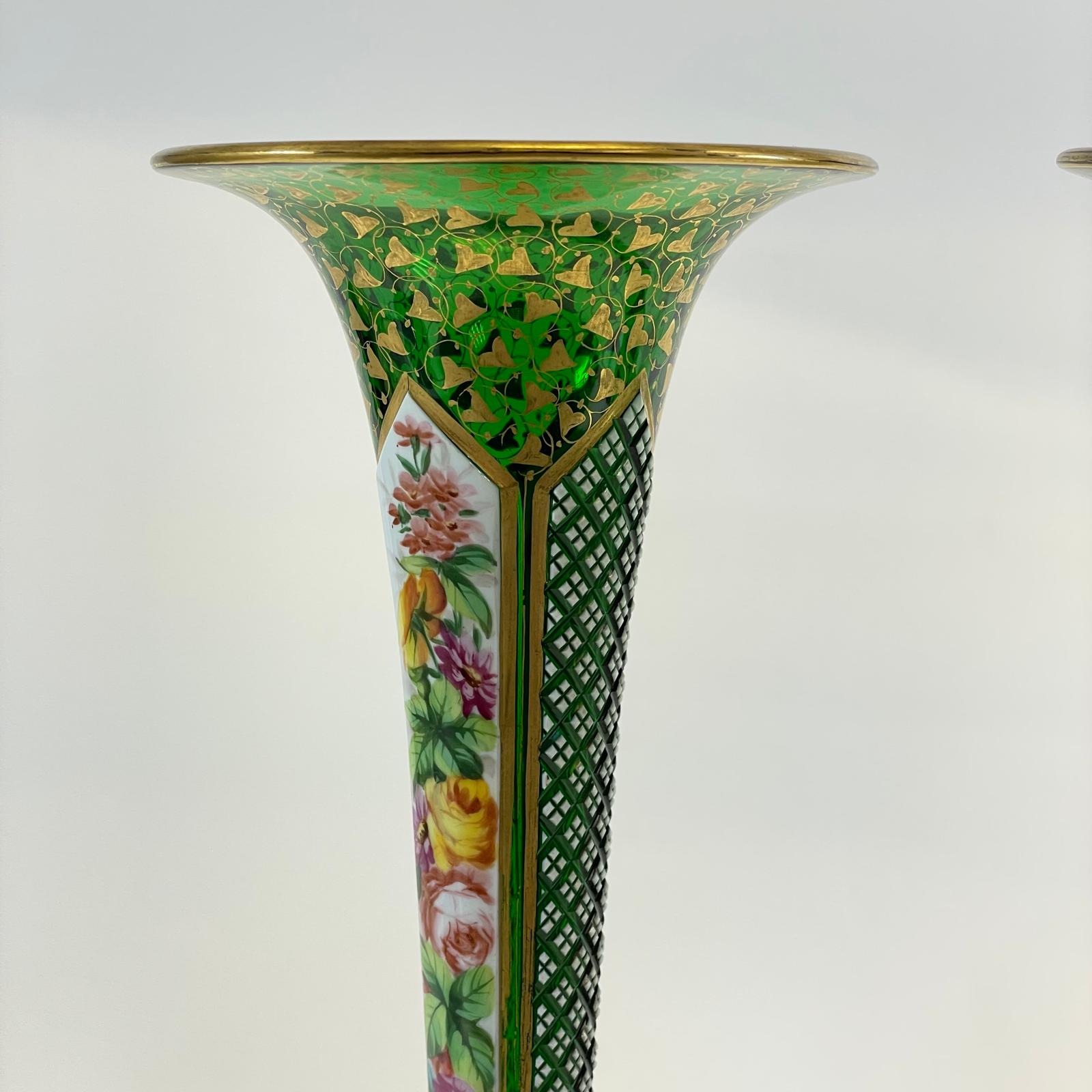 A pair of Bohemian Green Glass Trumpet vases with floral decoration.  10cm diameter x 29 cm tall. - Image 5 of 6