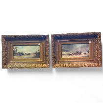 A pair of coaching scenes, oil on board signed indistinctly in gilt frames. Frame size 61cm by 43cm
