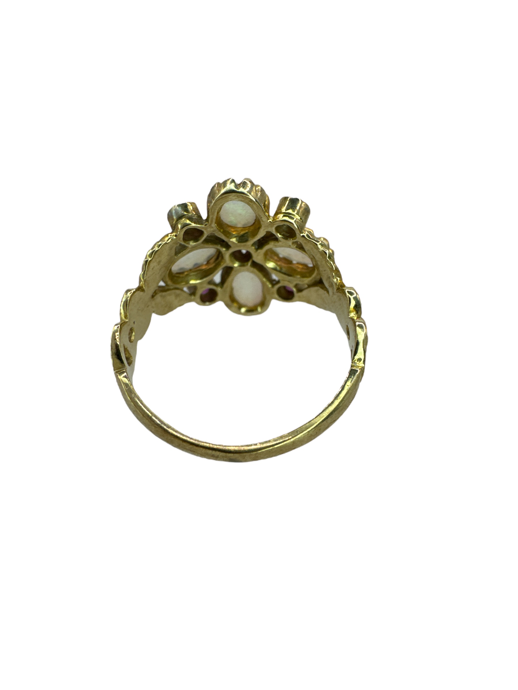 An opal and ruby set quatrefoil ring in 9ct yellow gold, with gold scroll work. Size N. Gross weight - Image 3 of 3
