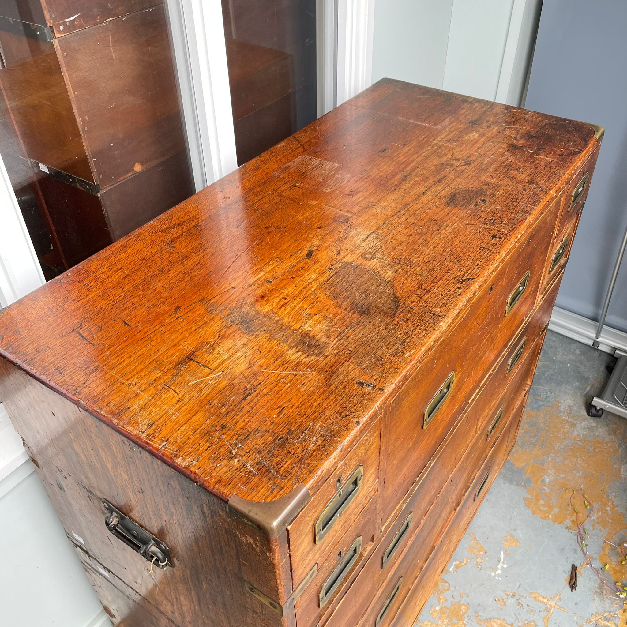 A 19th Century oak two section campaign secretaire chest, with a central secretaire drawer flanked - Image 3 of 9