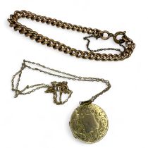 A 9ct rose gold bracelet (with a plated clasp) along with a front and back locket with a yellow