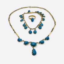 A suite of Egyptian turquoise jewellery. Comprising a ring, bracelet and necklace in precious yellow