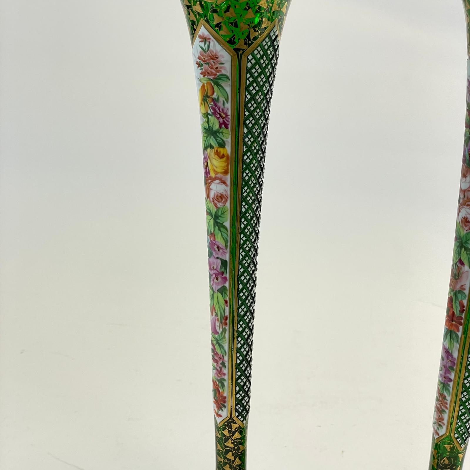 A pair of Bohemian Green Glass Trumpet vases with floral decoration.  10cm diameter x 29 cm tall. - Image 3 of 6