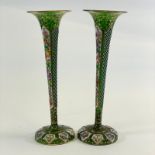 A pair of Bohemian Green Glass Trumpet vases with floral decoration.  10cm diameter x 29 cm tall.