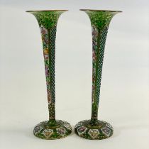 A pair of Bohemian Green Glass Trumpet vases with floral decoration.  10cm diameter x 29 cm tall.