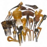 A collection of tortoiseshell mantilla combs and hair combs to include pique examples. 28 in total