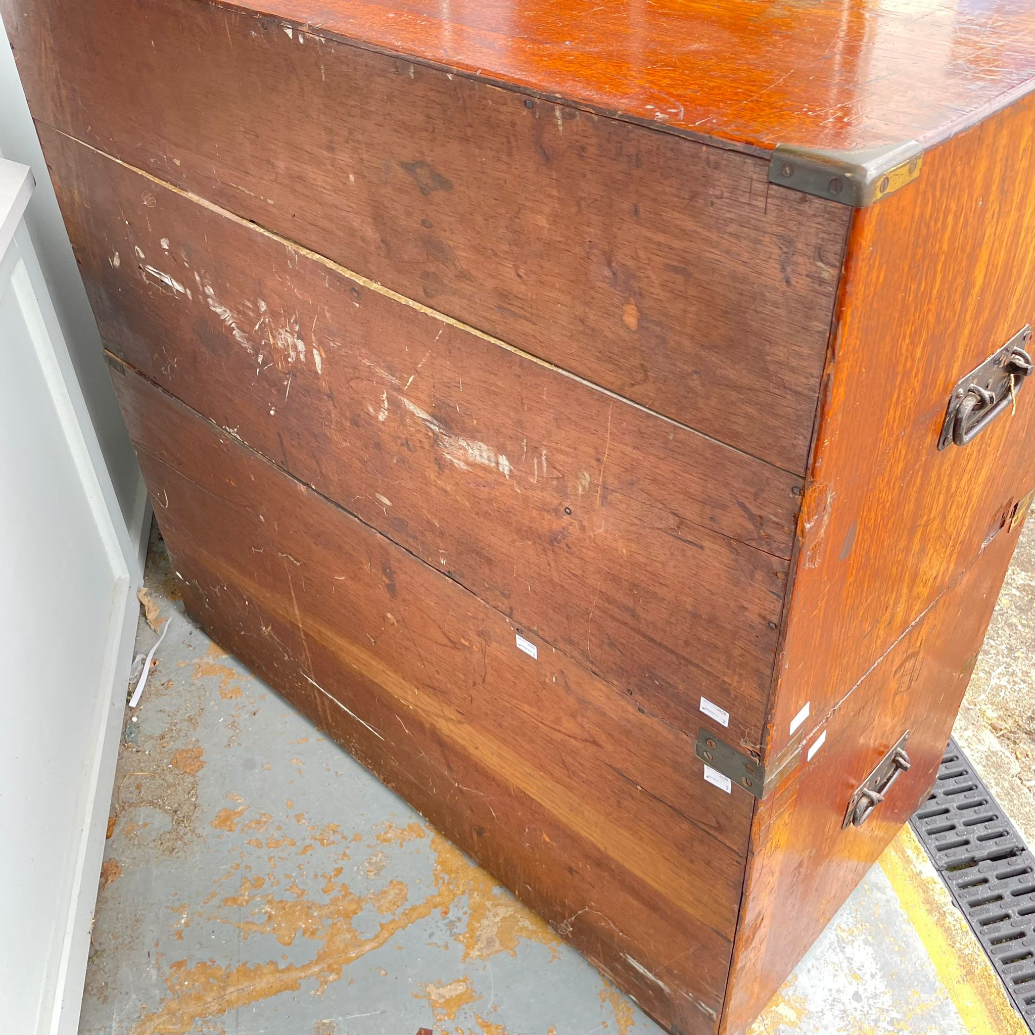 A 19th Century oak two section campaign secretaire chest, with a central secretaire drawer flanked - Image 2 of 9