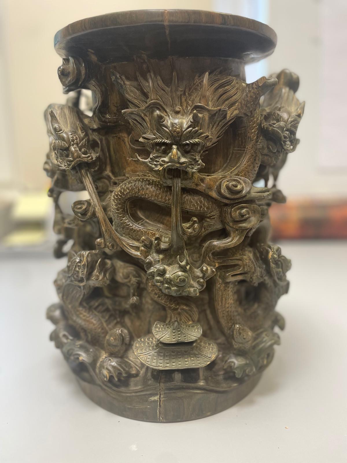 Large Deeply Carved Hardwood Chinese Brush Pot / Vase. Profusely Decorated With Dragons & - Image 9 of 9