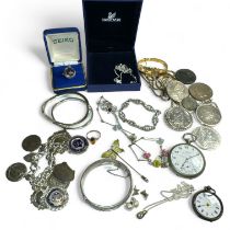 A collection of silver jewellery and other items. To include three sterling silver hinged bangles, a